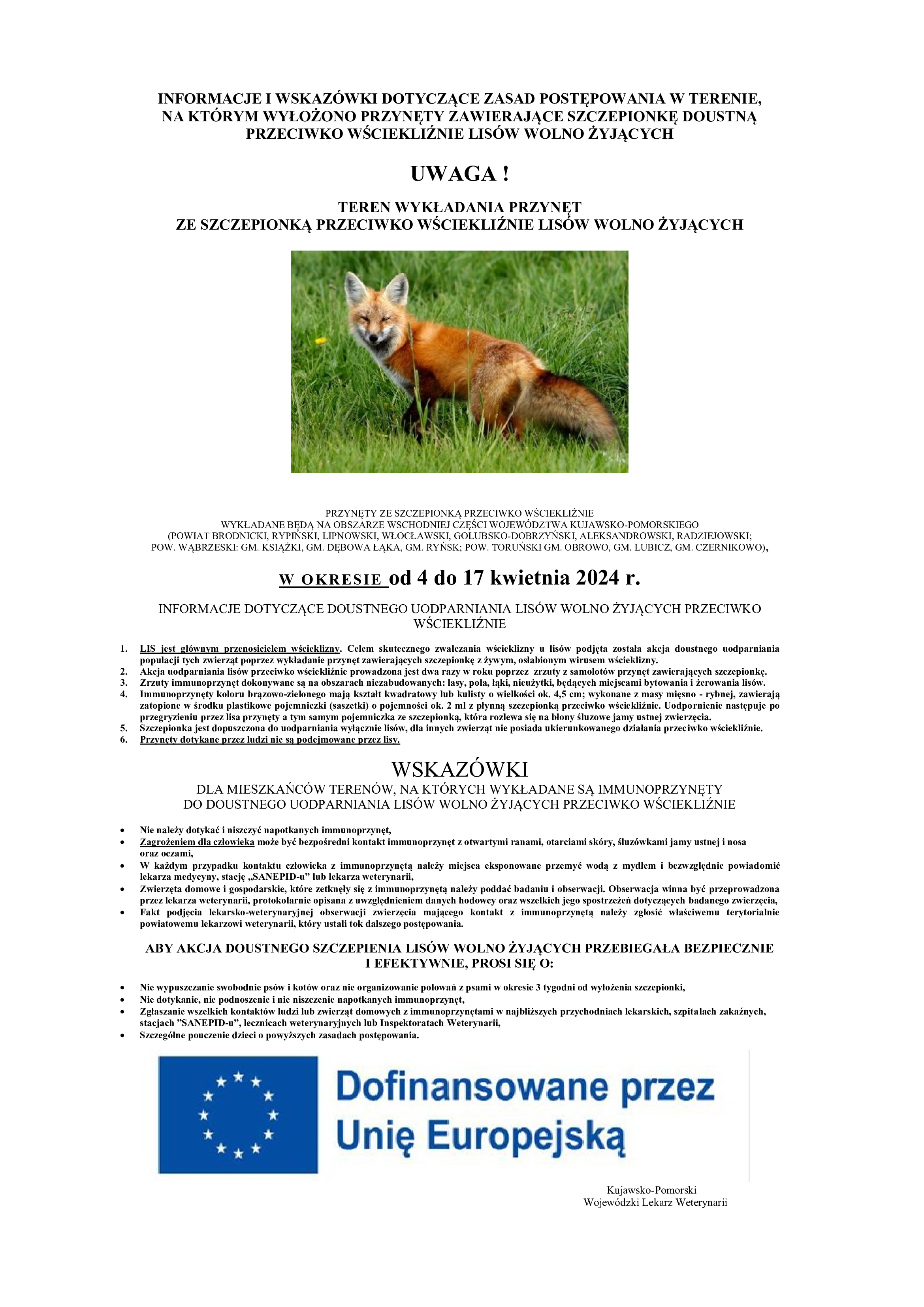 Plakat immunizacji wolnożyjących lisów w województwie Kujawsko-Pomorskim