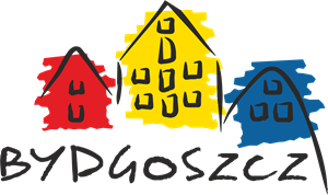 Grafika przedstawia logo Miasta Bydgoszczy - spichrze mieszczące się przy ulicy Grodzkiej 7/11 nad rzęką Brda.